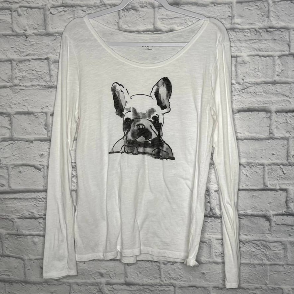 Loft White Frenchie Long Sleeve 100% Cotton T-Shirt L